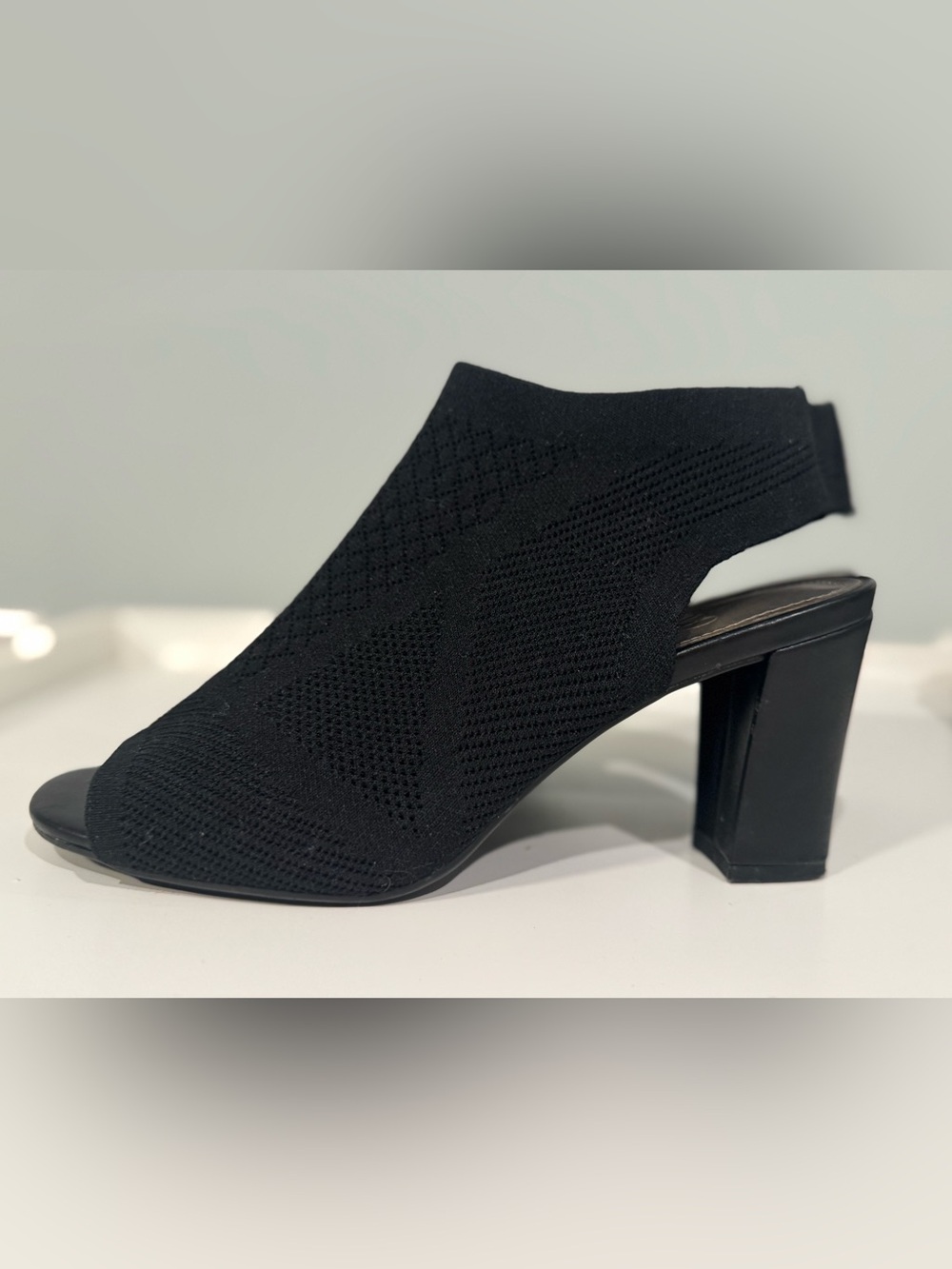 Black Knit Peep-Toe Block Heel Slingback - Women